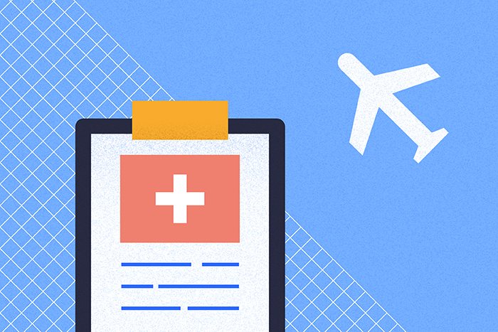 Illustration of a clipboard with a medical cross and an airplane silhouette on a blue background